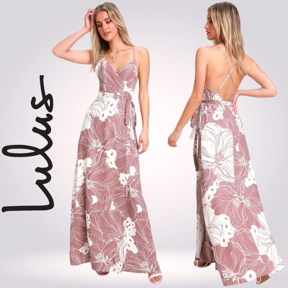 Lulu's Always Mine Mauve and White Floral Print Wrap Maxi Dress Size XS